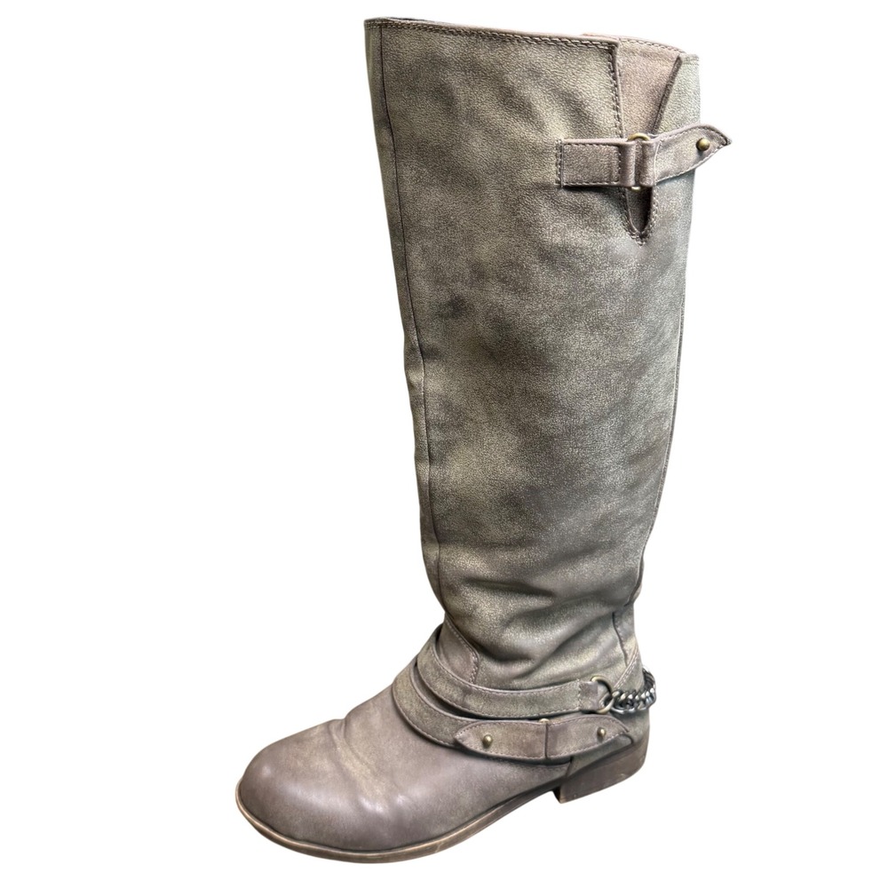 Madden Girl Canyonwc Women 7M Taupe Gray Distressed Knee High Moto Boots Zip